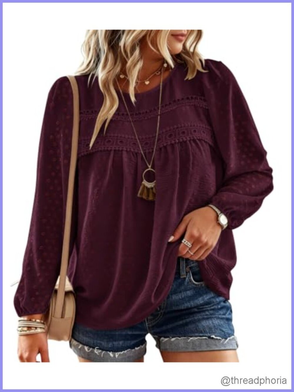 Plus Size Boho Long Sleeve Lace Hem Flowy Swiss Dotted Blouse Tunic